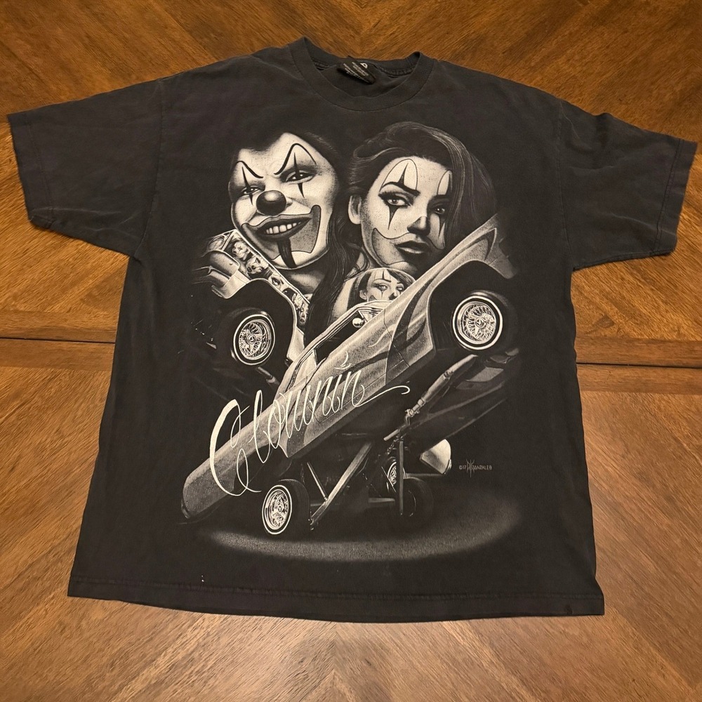 DGA Clownin Lowrider Graphic Tee Mens XL Black Chicano Art David Gonzales Shirt